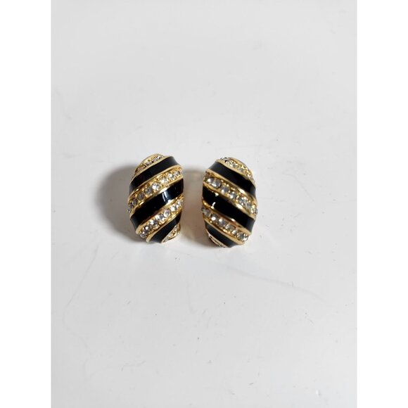 Vintage Christian Dior Gold Tone Black Enamel & Rhinestone Clip-On Earrings - Picture 1 of 11